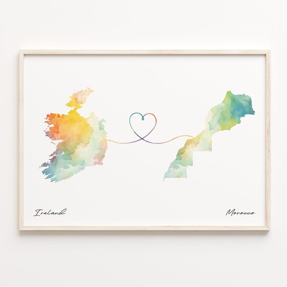 Romantic Ireland And Morocco Watercolor Map Heart Ribbon Art Poster