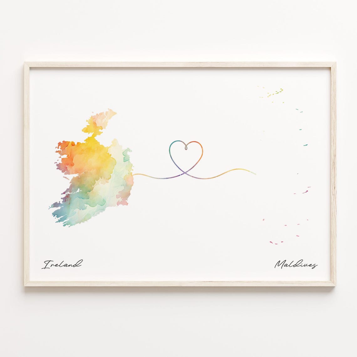 Ireland To Maldives Watercolor Map Heart Line Connection Poster