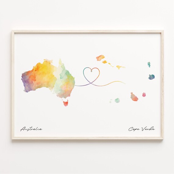 Australia to Cape Verde Long Distance Watercolor Heart Map Art Print