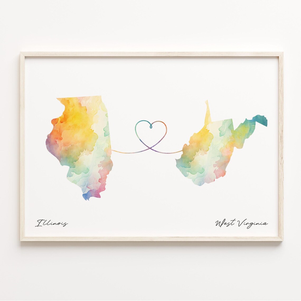 Illinois To West Virginia Watercolor Map Heart Connection Art Poster
