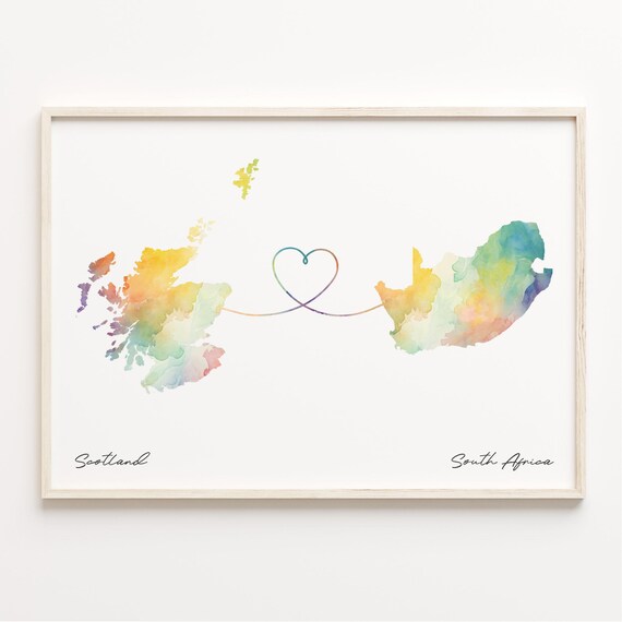 Scotland to South Africa Watercolor Heart Connection Map Poster
