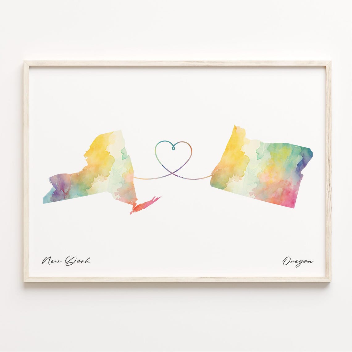 New York Oregon Watercolor Heart Map Long Distance Connection Print