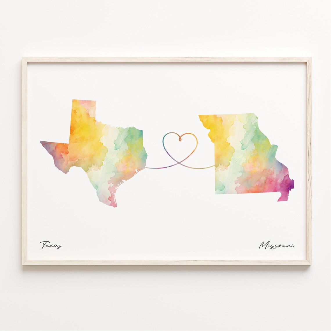 Texas to Missouri Watercolor Map Heart Connection Love Print Art