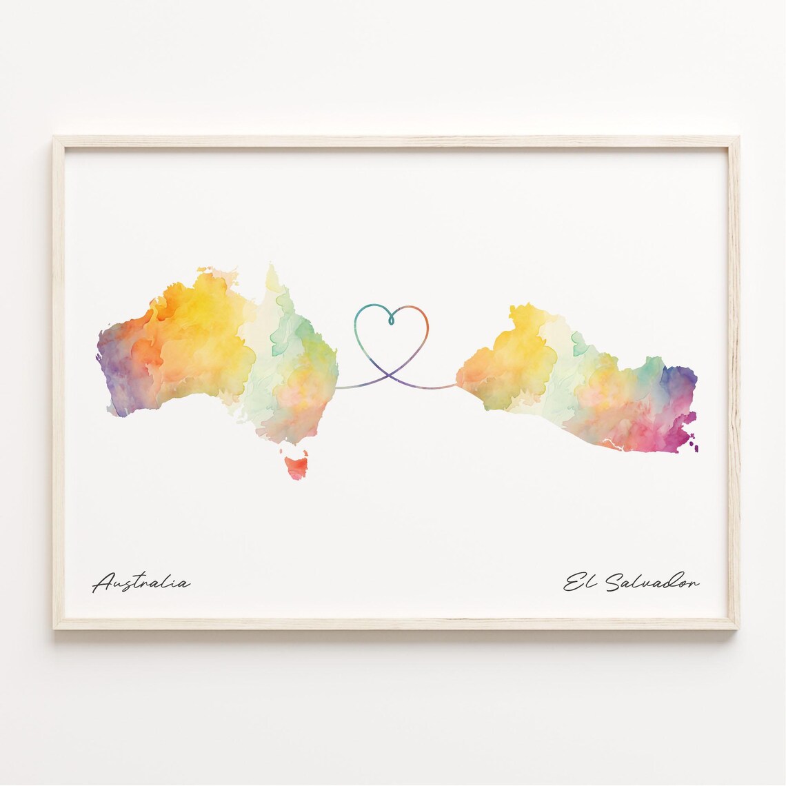 Australia to El Salvador Watercolor Map Heart Connection Art Poster