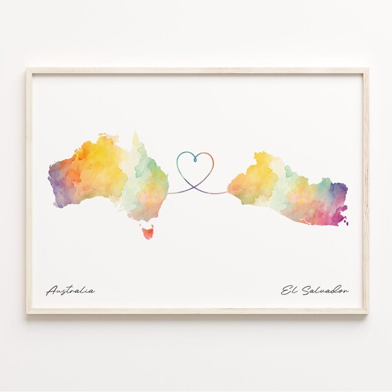 Australia to El Salvador Watercolor Map Heart Connection Art Poster