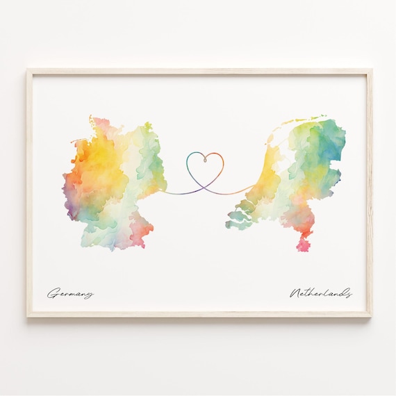 Germany To Netherlands Watercolor Heart Map Long Distance Love Poster