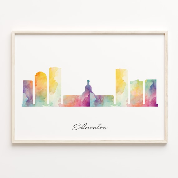 Edmonton Canada Downtown Watercolor Skyline Cityscape Travel Poster