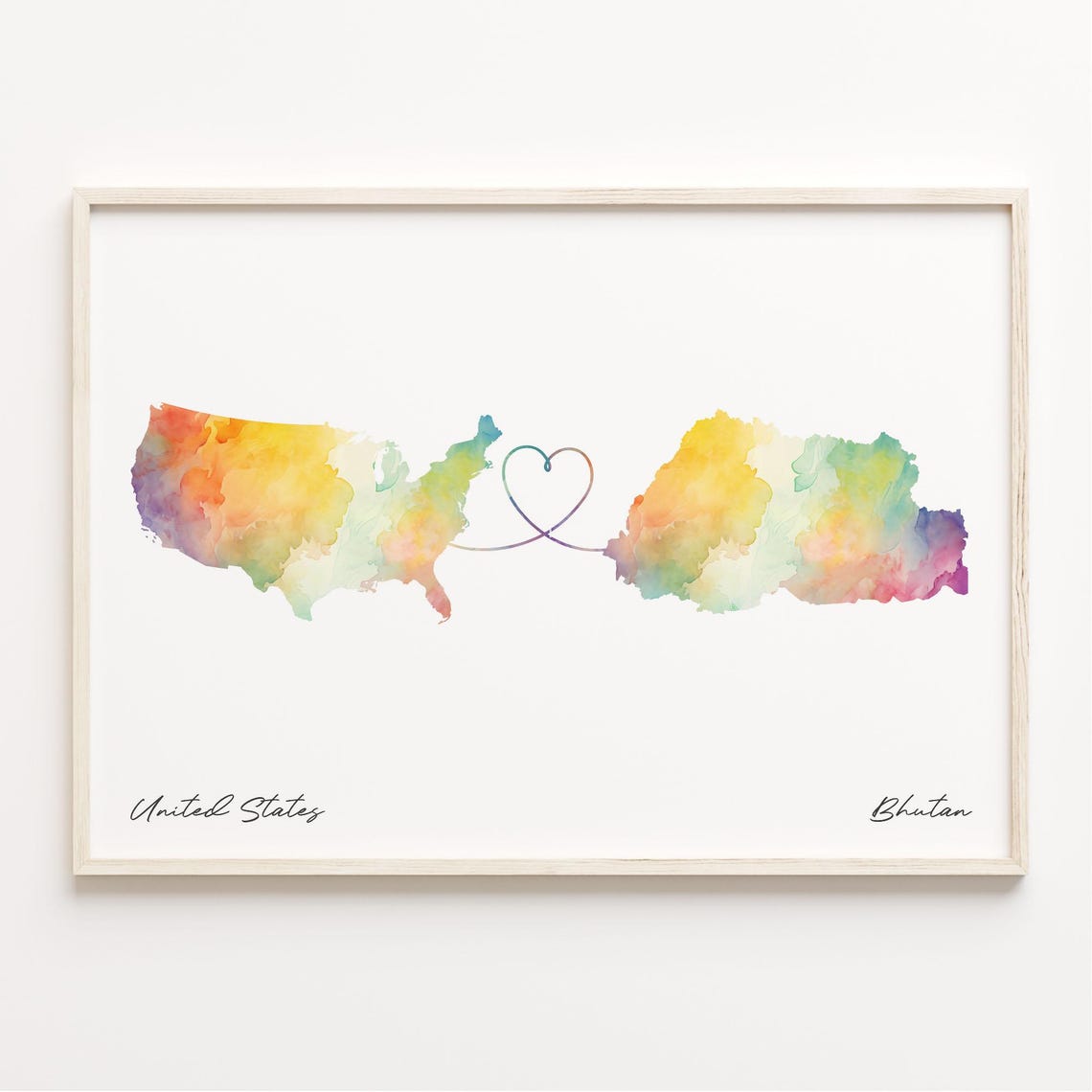 United States To Bhutan Watercolor Heart Connection Map Poster