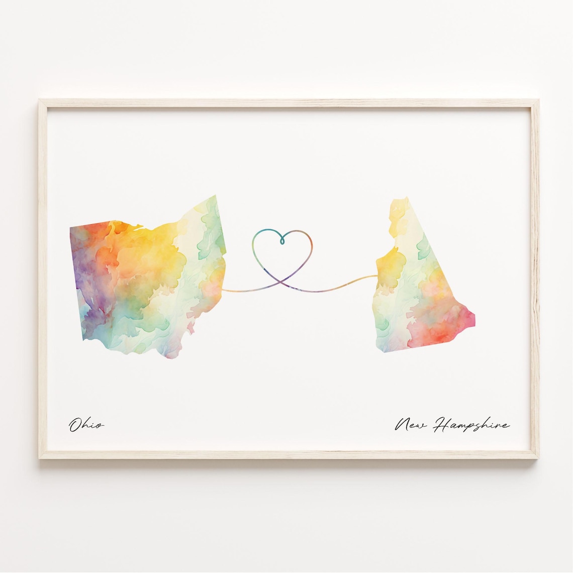 Ohio to New Hampshire Watercolor Heart Map Long Distance Love Print