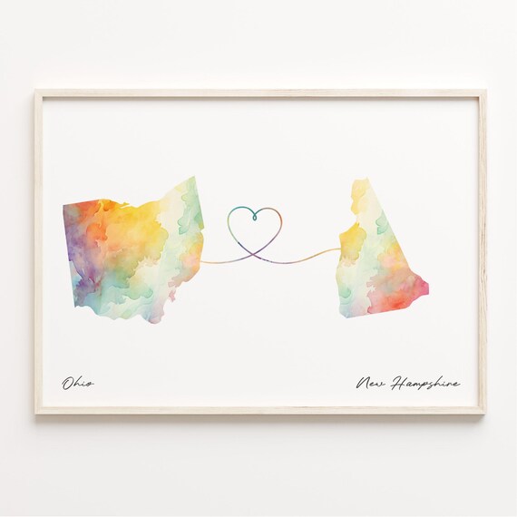 Ohio to New Hampshire Watercolor Heart Map Long Distance Love Print