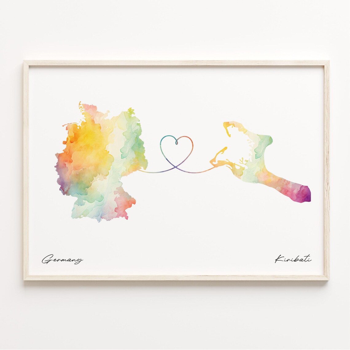 Germany to Kiribati Watercolor Heart Map Long Distance Poster
