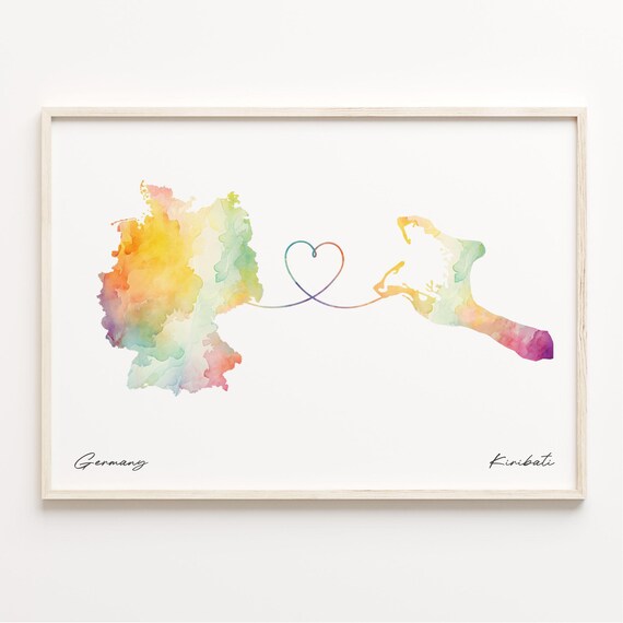 Germany to Kiribati Watercolor Heart Map Long Distance Poster