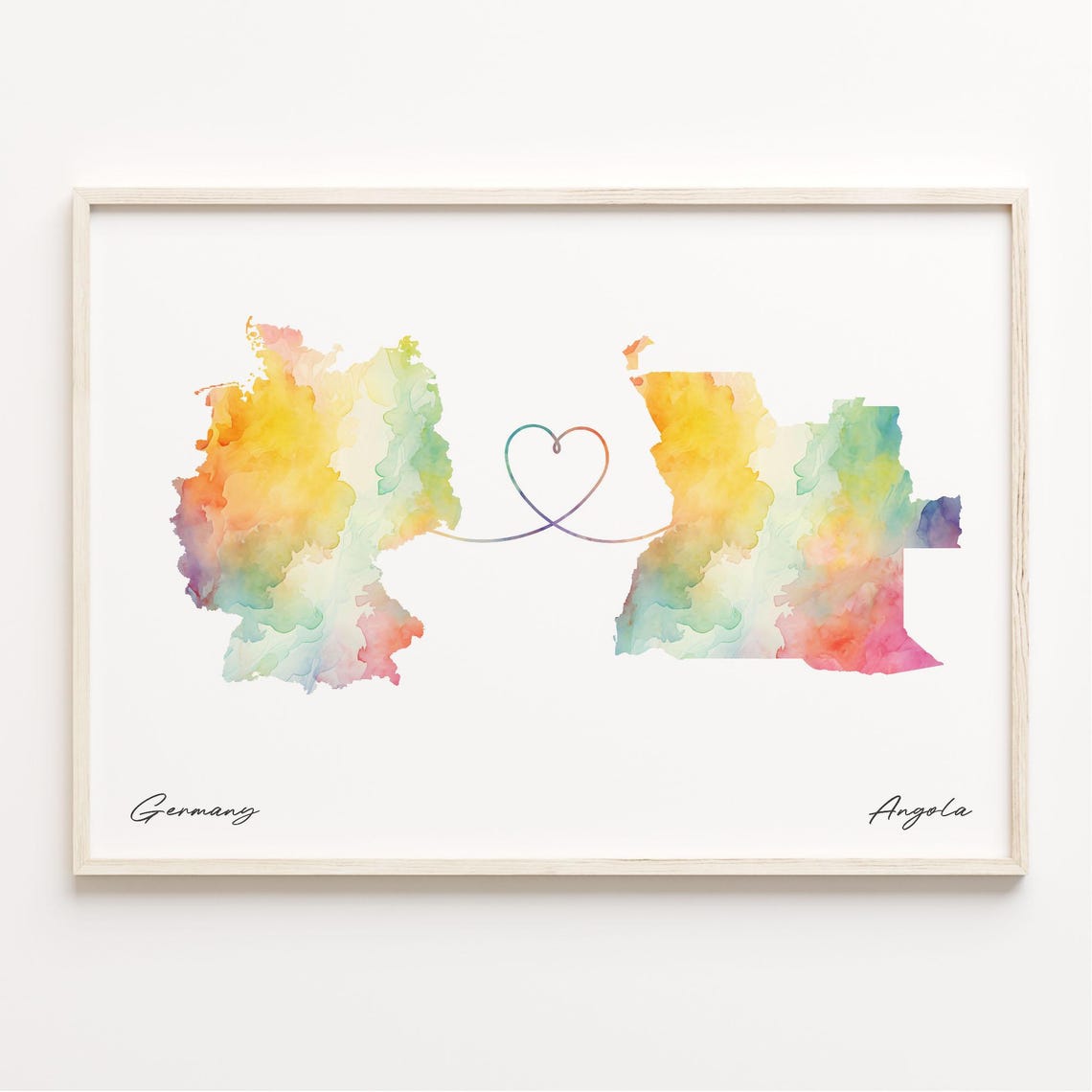 Germany to Angola Watercolor Map with Heart Connection Art Poster