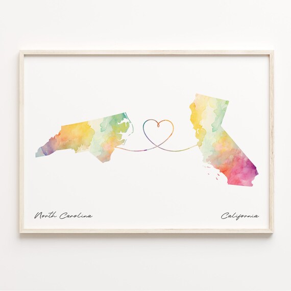 North Carolina to California Watercolor State Map Heart Art Print