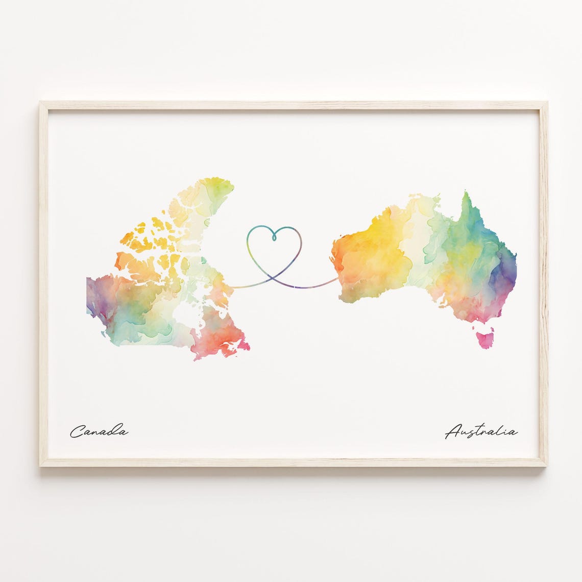 Canada to Australia Watercolor Map Heart Connection Travel Poster