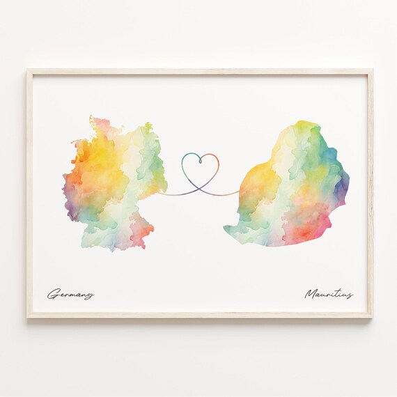 Germany To Mauritius Long Distance Love Heart Connection Map Poster