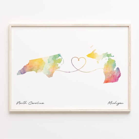 North Carolina To Michigan Heart Map Watercolor Travel Poster