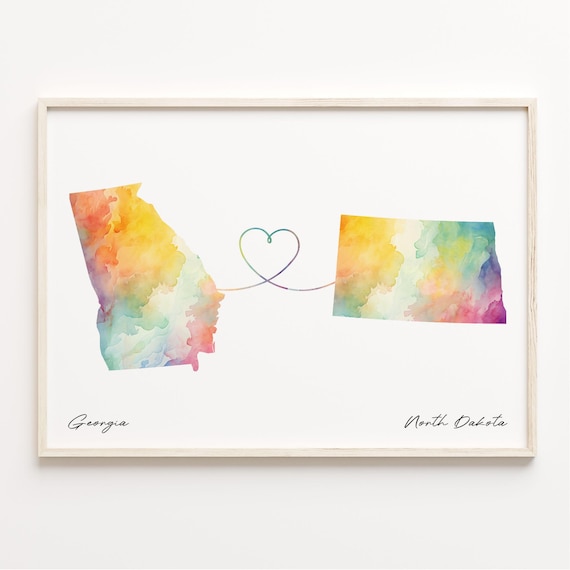 Georgia to North Dakota Watercolor Heart Map Long Distance Love Print