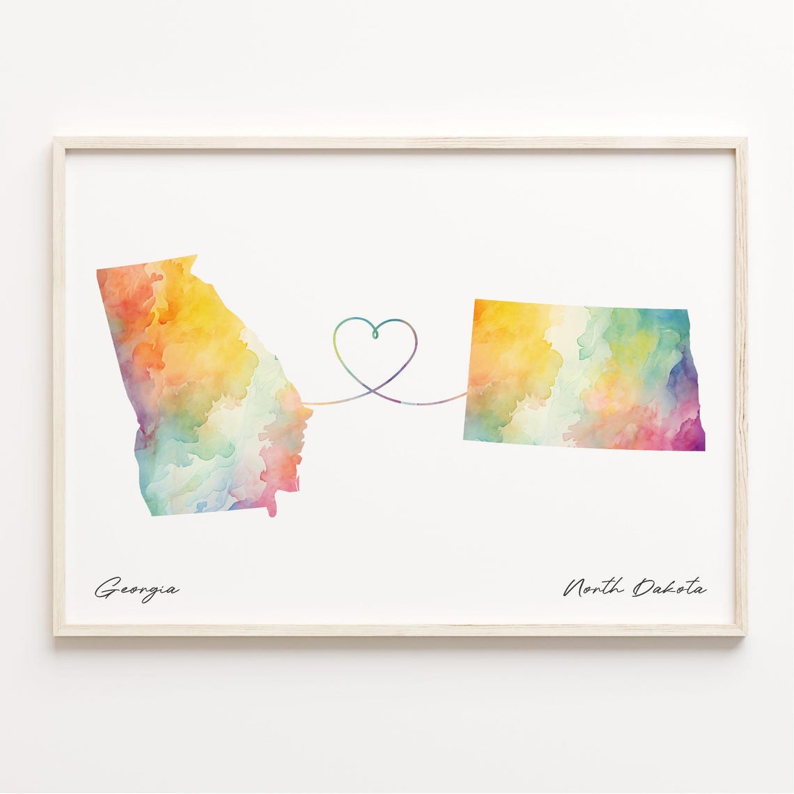 Georgia to North Dakota Watercolor Heart Map Long Distance Love Print