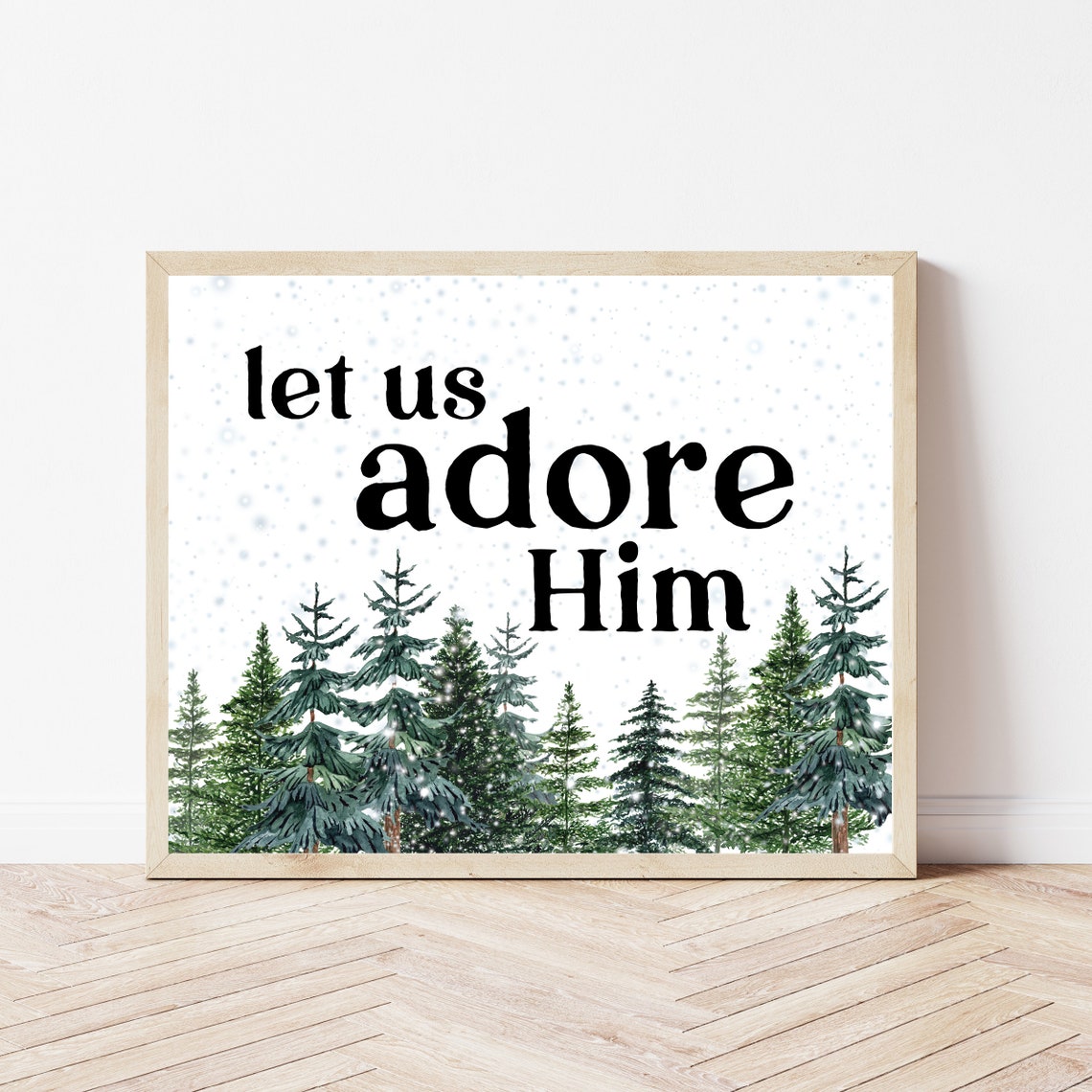Let Us Adore Him Watercolor Evergreens Snowy Christmas Poster