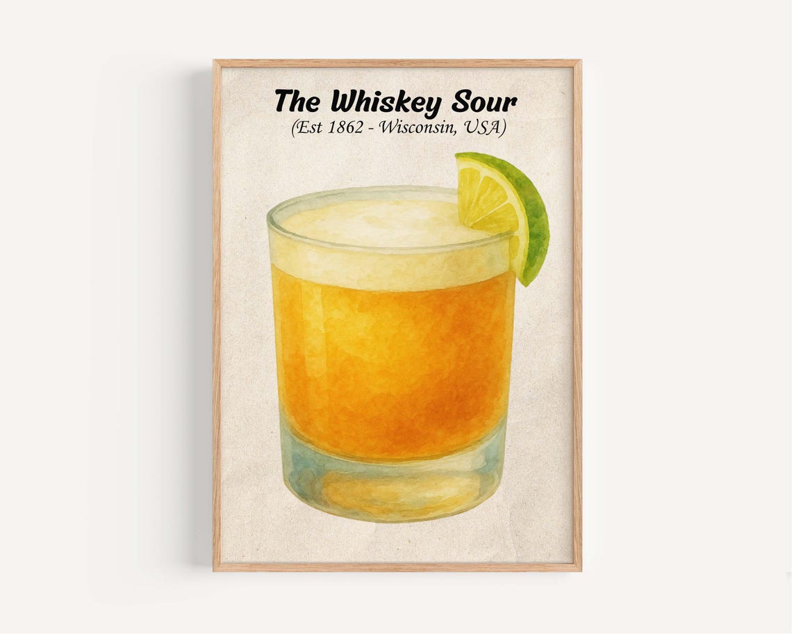 The Whiskey Sour Cocktail Watercolor Classic Bar Cart Drink Poster