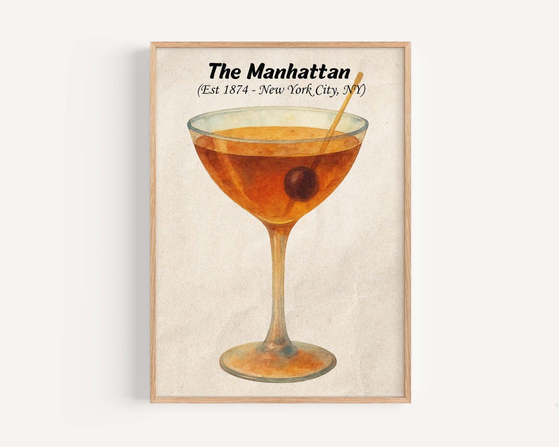 The Manhattan Cocktail Watercolor Classic Cherry Coupe Drink Poster