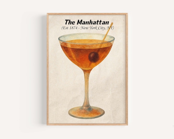 The Manhattan Cocktail Watercolor Classic Cherry Coupe Drink Poster