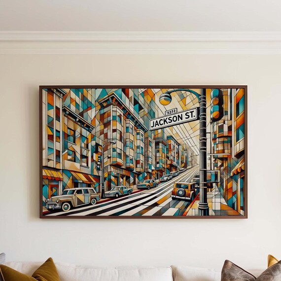 Jackson Street Retro Vintage Cars Cubist City Street Art Poster