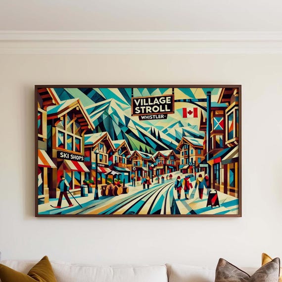 Village Stroll Print Whistler Art Travel Poster Canada Wall Housewarming Gift Scenic Walk Illustration Decor