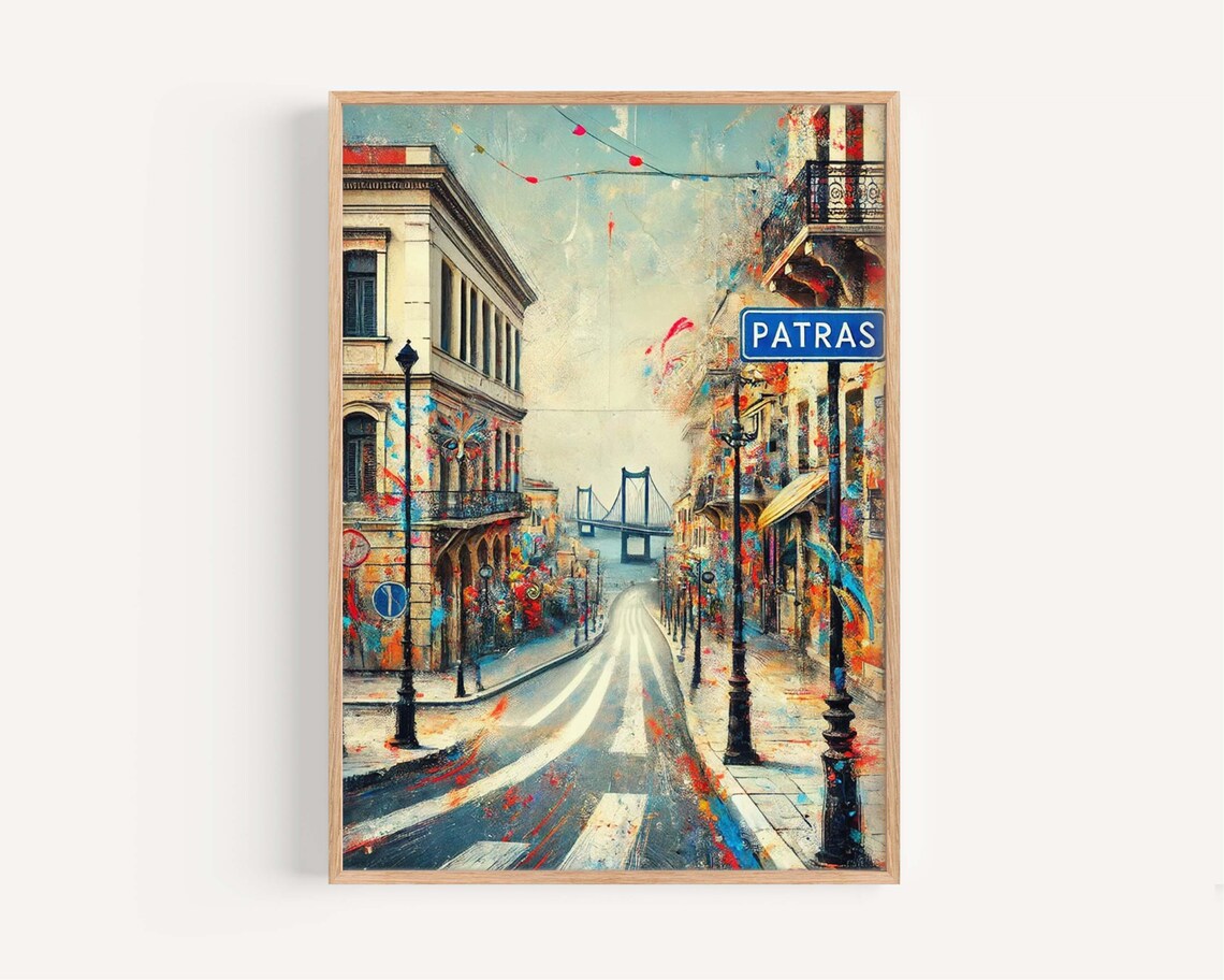 Patras Greece Street Bridge Harbor Festival Flags Painting Poster