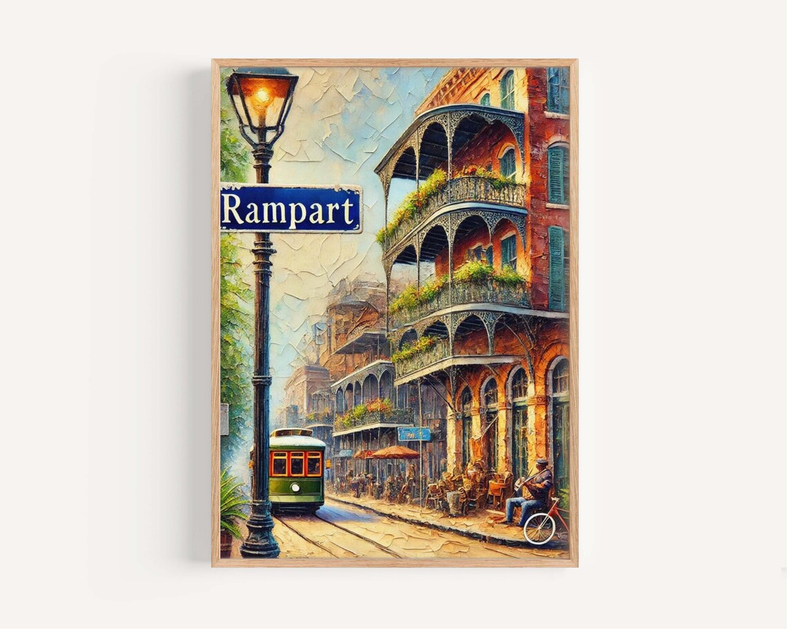Rampart Street New Orleans Streetcar Balconies Vintage Art Poster