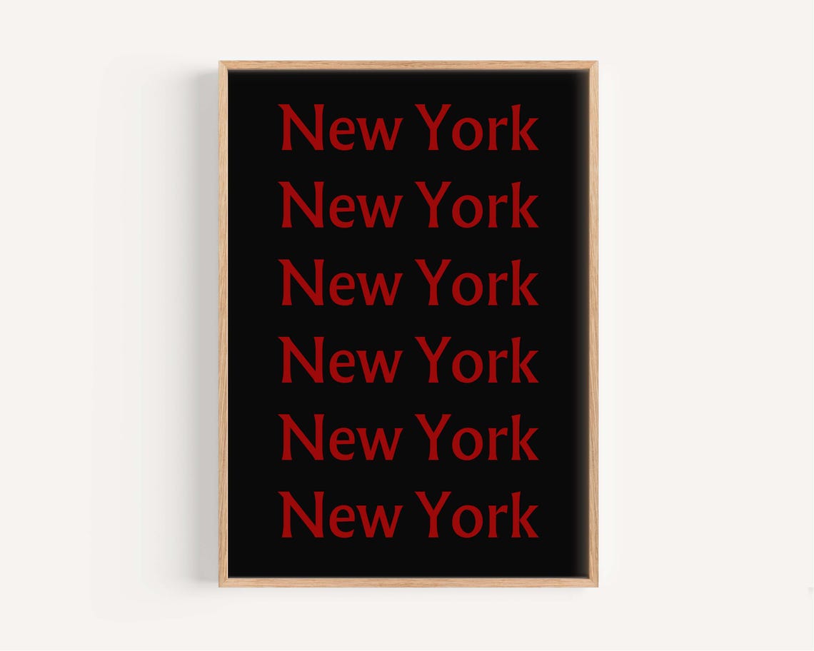 New York City Red Serif Repeated Typography Bold Black Wall Art