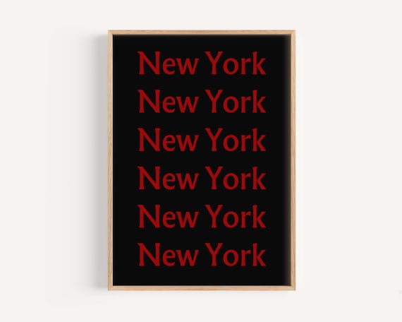 New York City Red Serif Repeated Typography Bold Black Wall Art