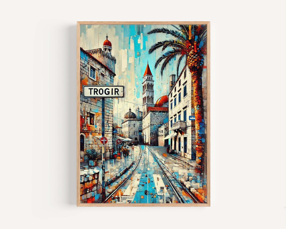Trogir Croatia Palm-Lined Old Town Cathedral Watercolor Street Poster