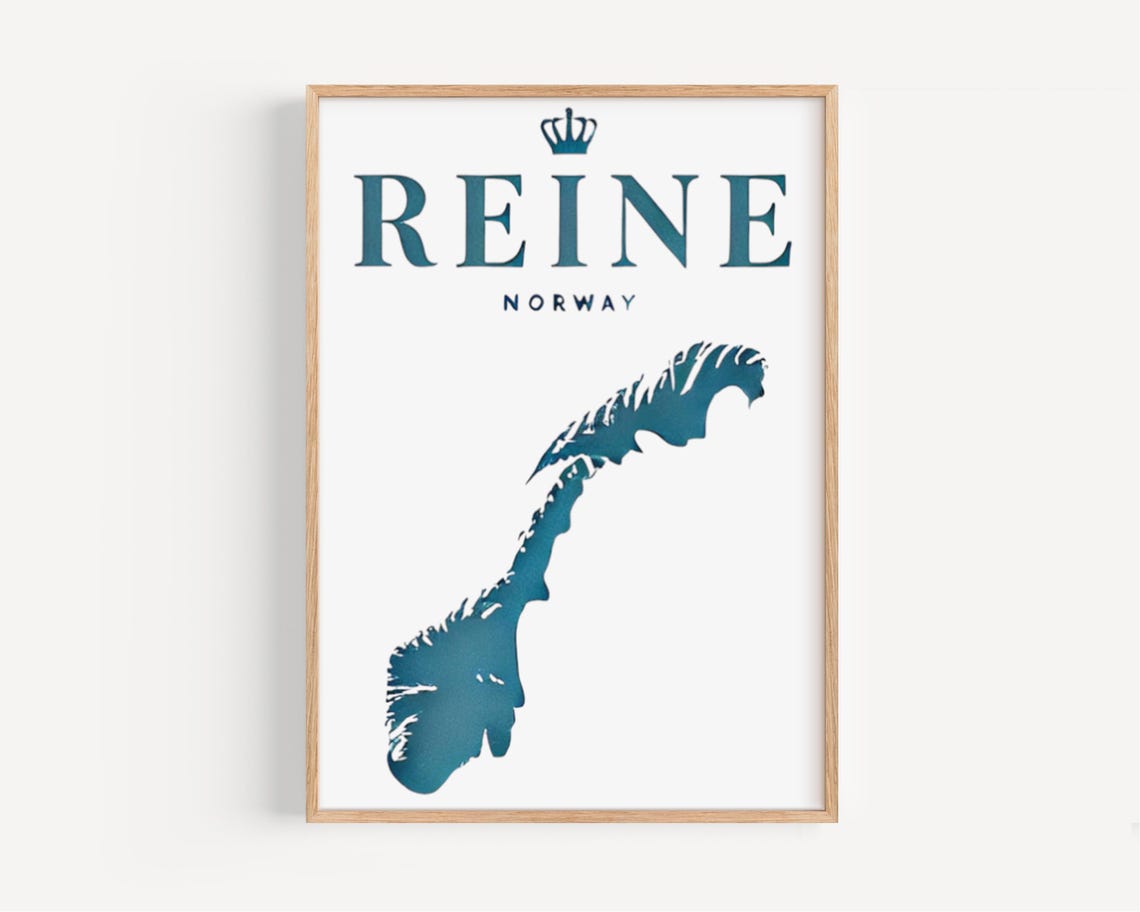 Reine Norway Teal Map Silhouette Crown Minimalist Travel Poster