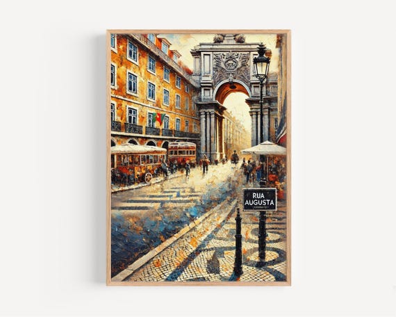 Rua Augusta Lisbon Travel Poster, Vibrant Cityscape