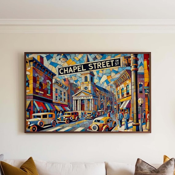 Chapel Street Colorful Cubism Street Scene Poster With Vintage Cars Town
