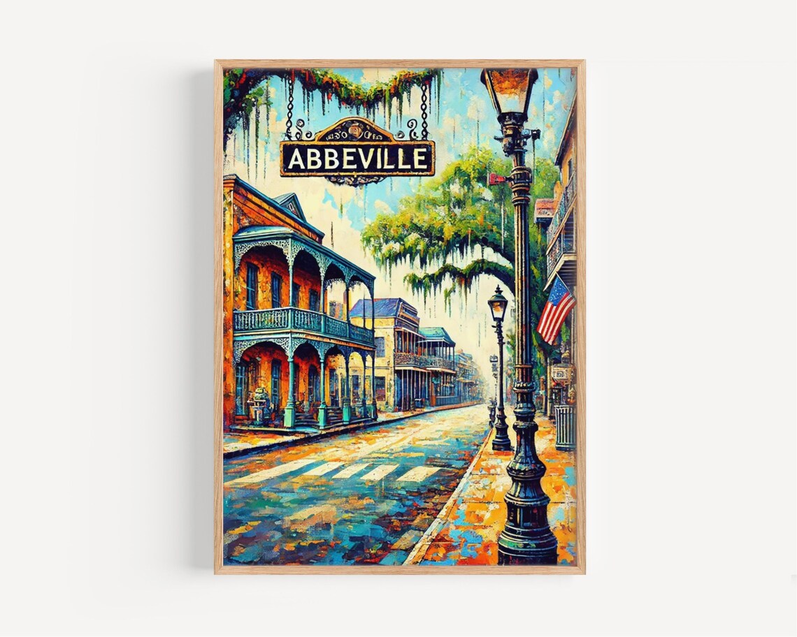 Abbeville Louisiana Historic Street Sign Balcony Vintage Cityscape Poster