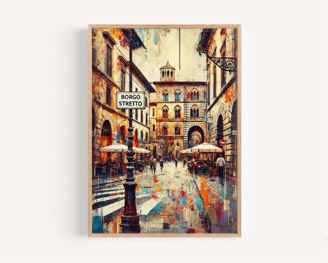 Pisa Italy Borgo Stretto Street Scene Vintage Painting Poster