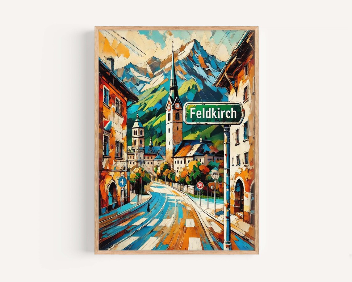Feldkirch Austria Alpine Church Steeple Street Scene Travel Poster