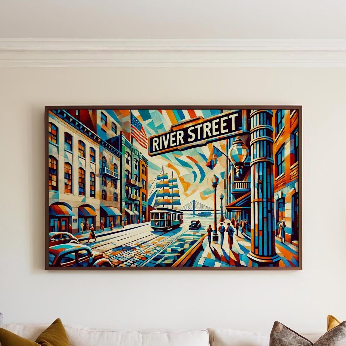 River Street Waterfront Cubism Cityscape Travel Poster Artwork