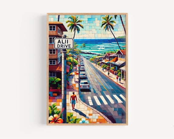 Alii Drive Hawaii Colorful Mosaic Coastal Street Scene Travel Poster