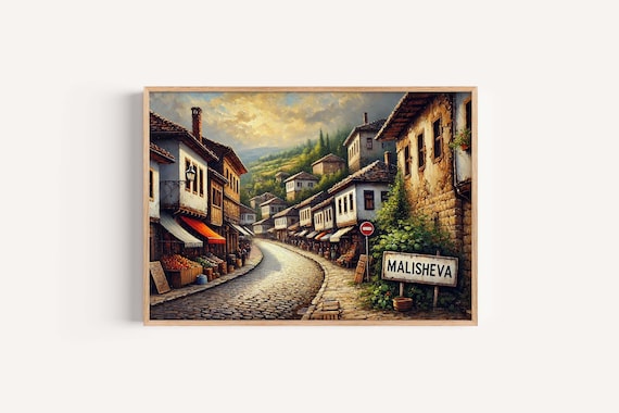 Malisheva Old Town Market Street Painting Kosovo Heritage Art Poster