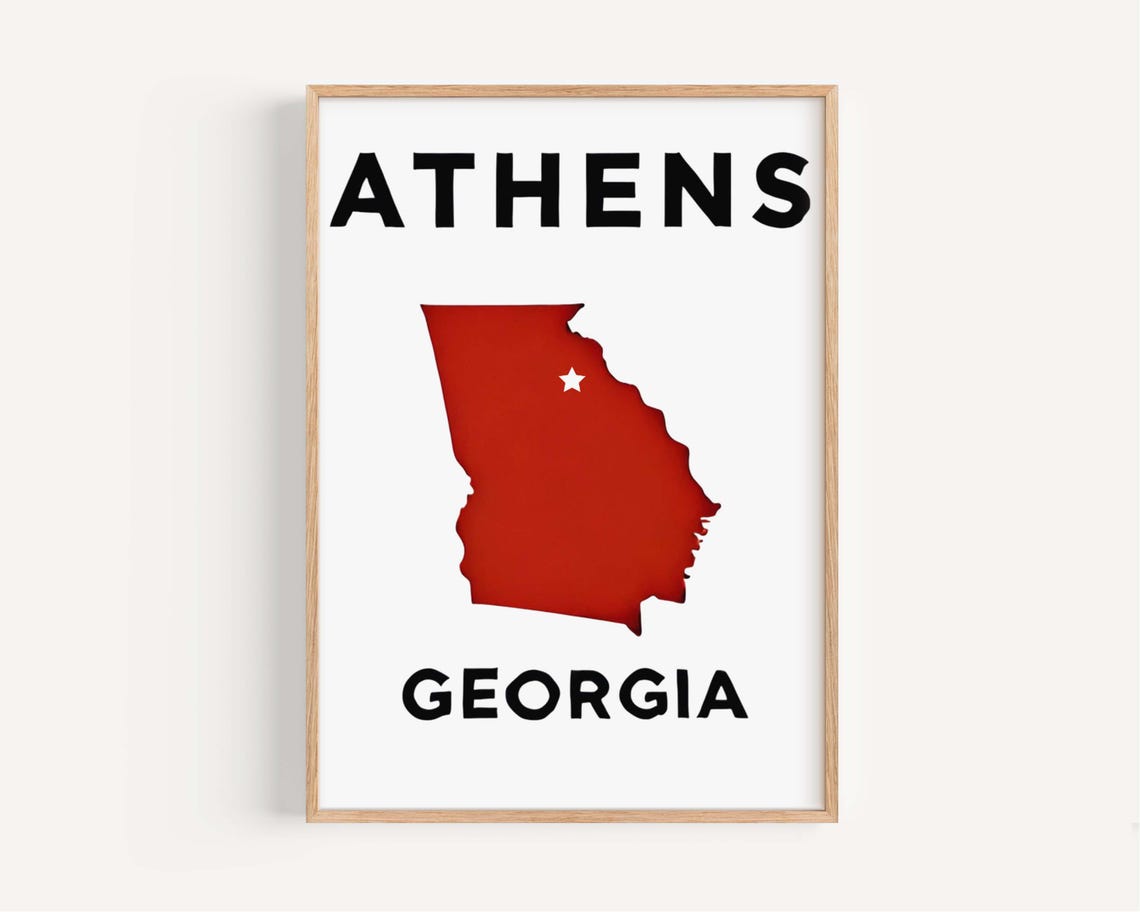 Athens Georgia Red State Map with Star College Town Typography Poster