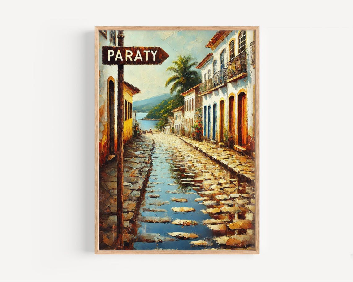 Paraty Brazil Cobblestone Colonial Street Seaside Painting Poster