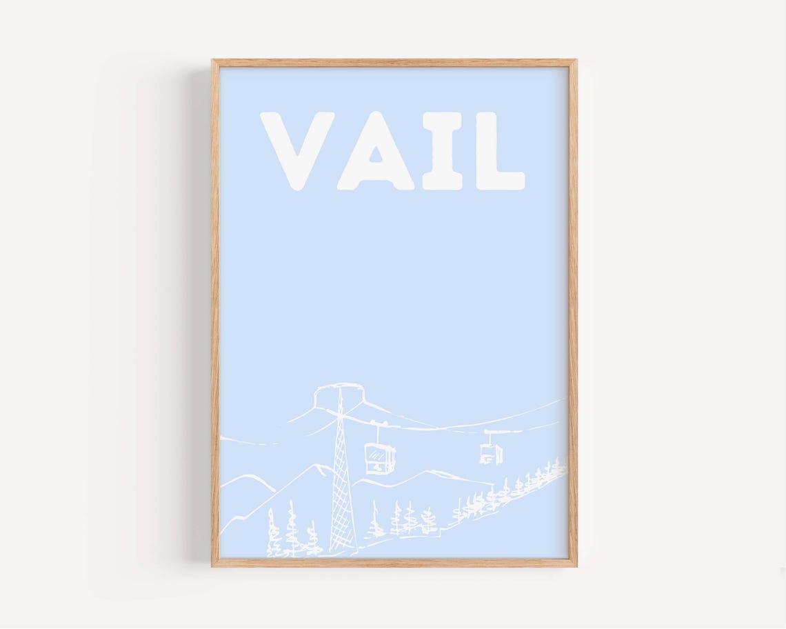 Vail Ski Gondola Line Art Minimalist Powder Blue Winter Poster