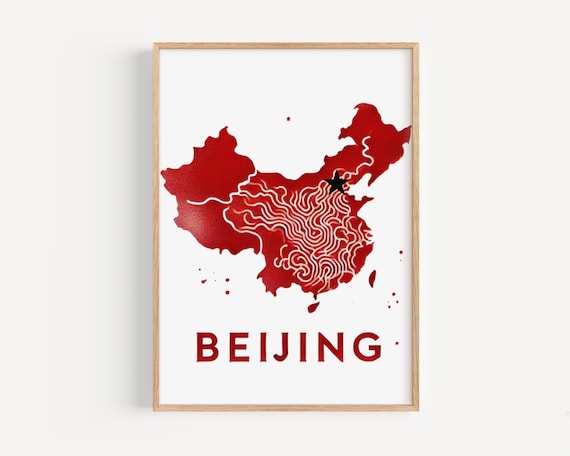 Vintage Beijing China Red Watercolor Country Shape Travel Poster