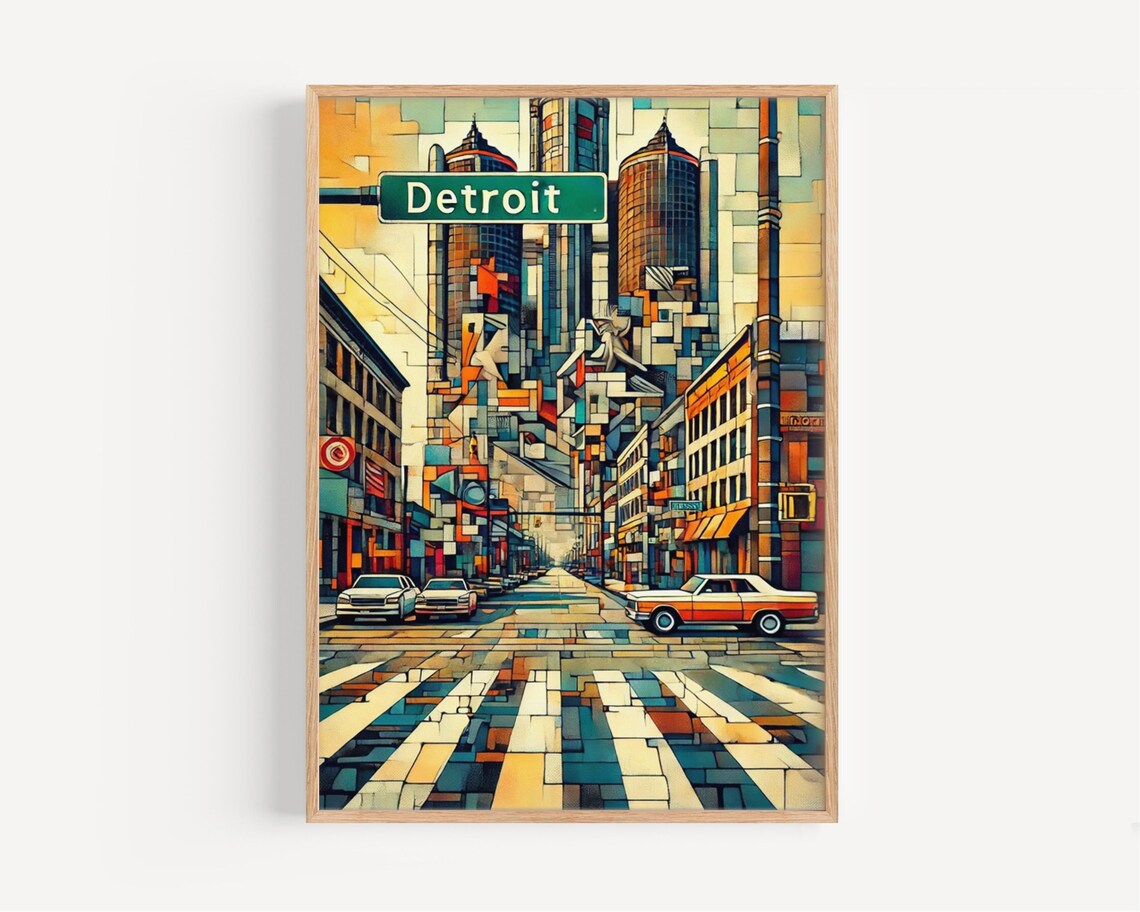 Detroit Street Art Print, Cubism-Inspired Michigan Travel Poster