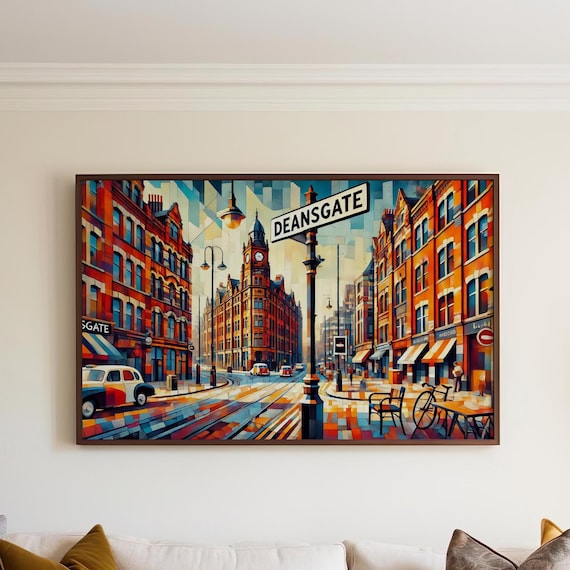 Deansgate Manchester Geometric Red Brick Street Scene Poster Art