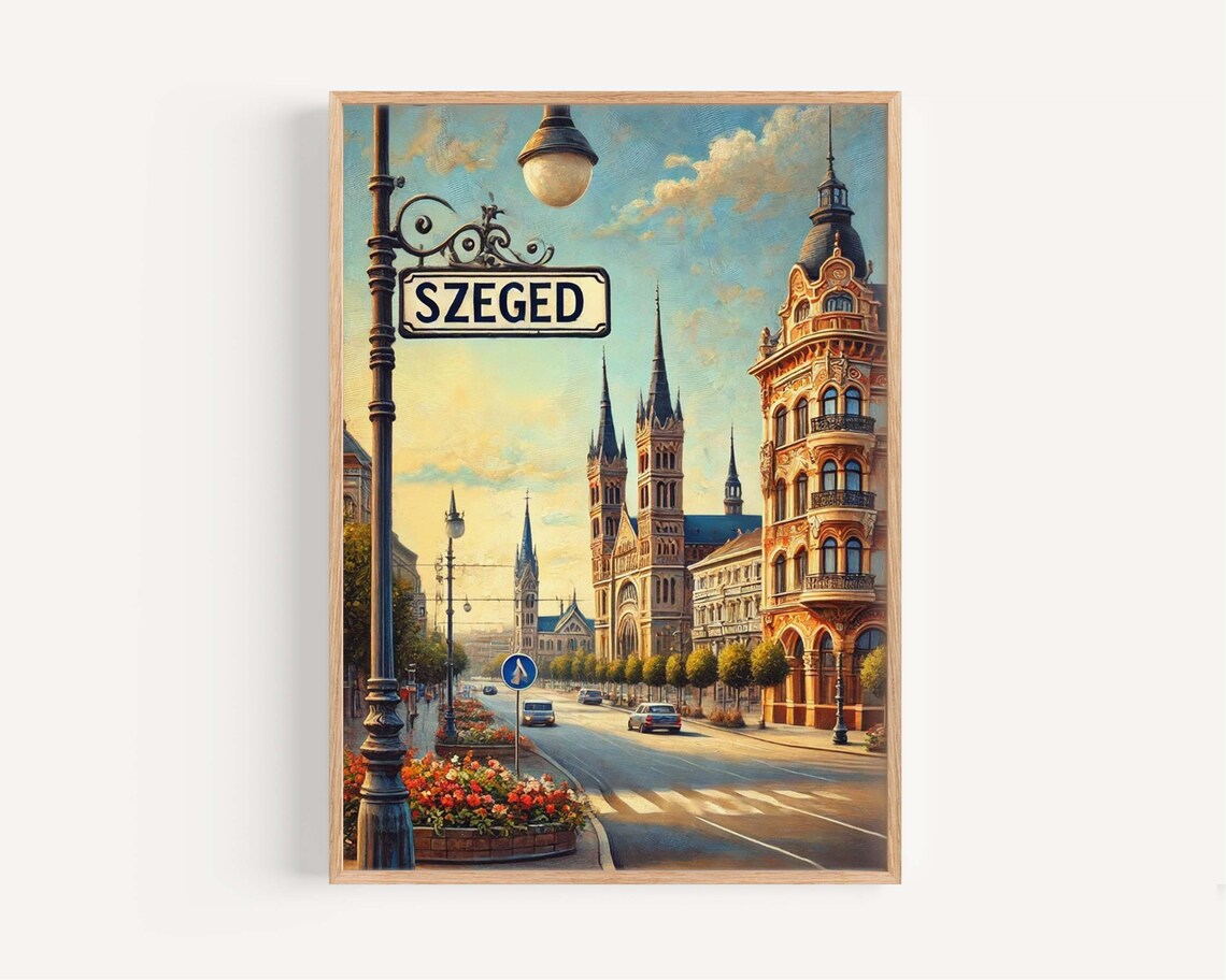 Szeged Hungary Sunset Vintage Street Scene Travel Art Poster